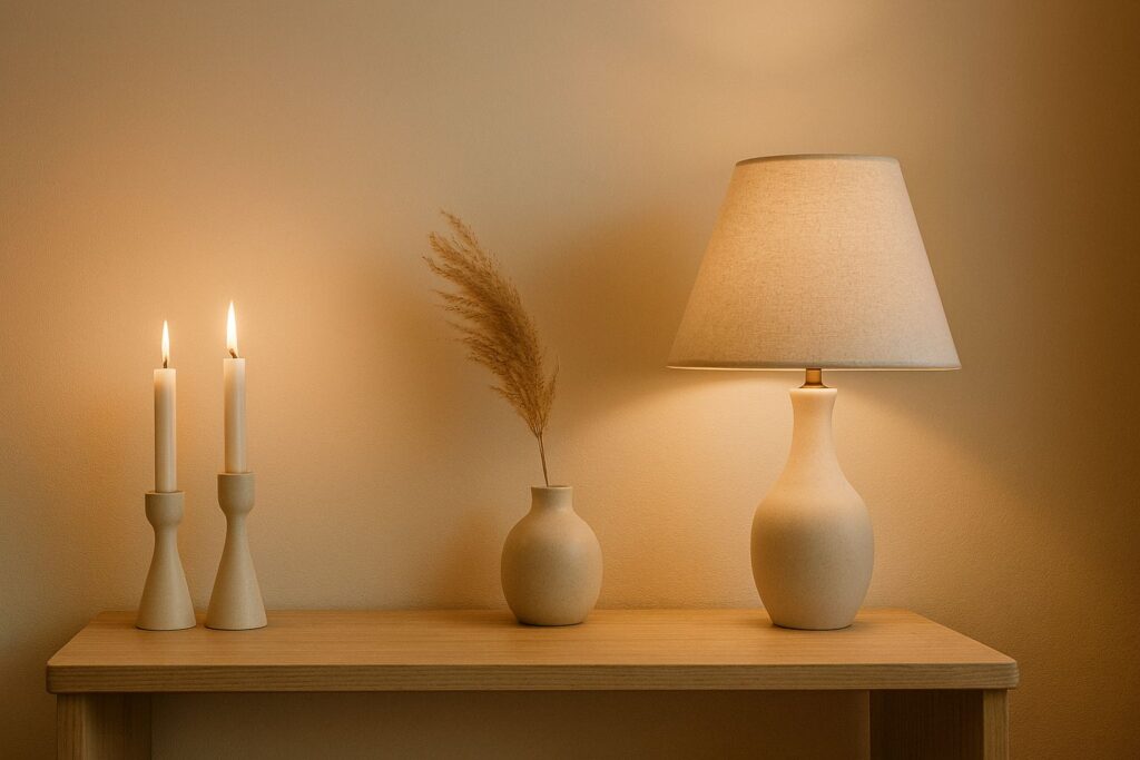 neutral fall to winter home decor lighting and ambiance